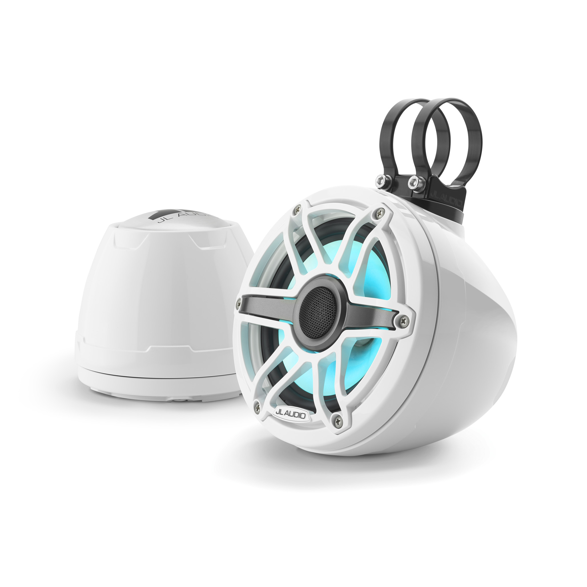 JL Audio M6 6.5" VeX Enclosed Speaker Pods Gloss White Grilles w/ RGB LEDs Pair