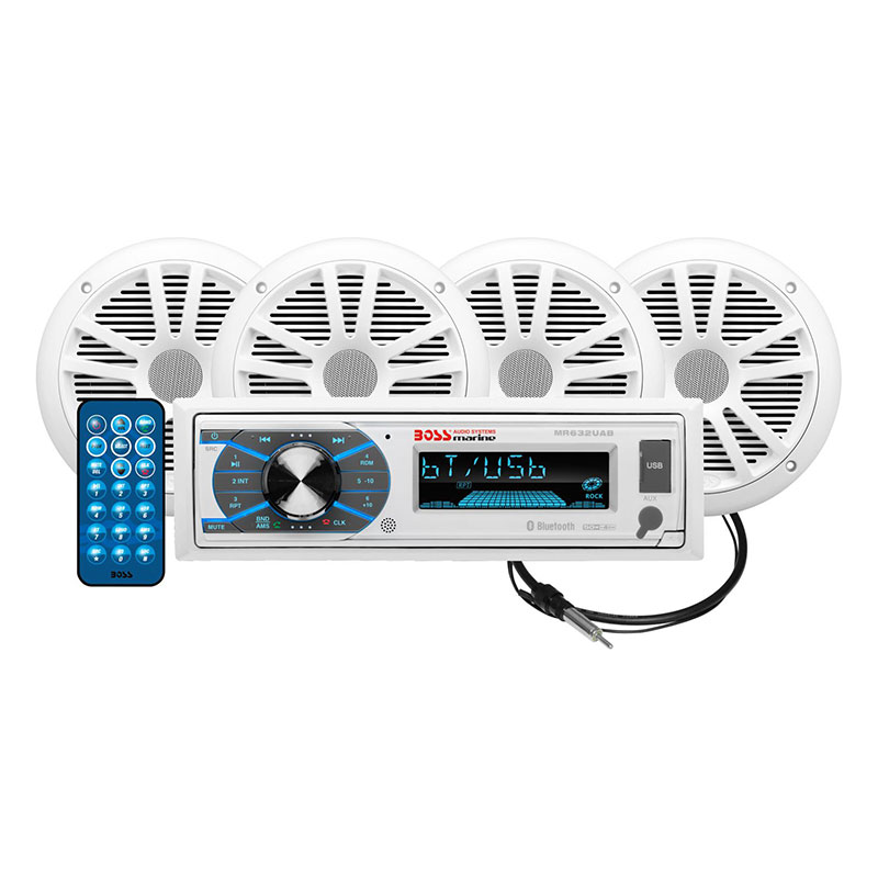 Boss Marine 4 Speaker Marine Stereo Package with DIN Head Unit and 4