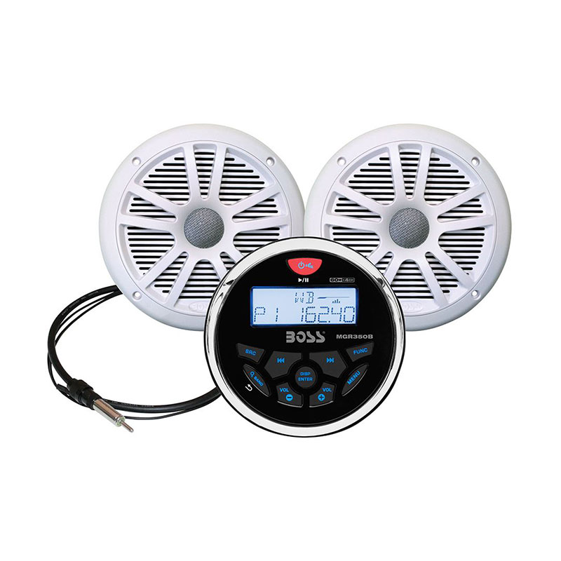 Boss Marine 2 Speaker Marine Stereo Package with Gauge Style Receiver