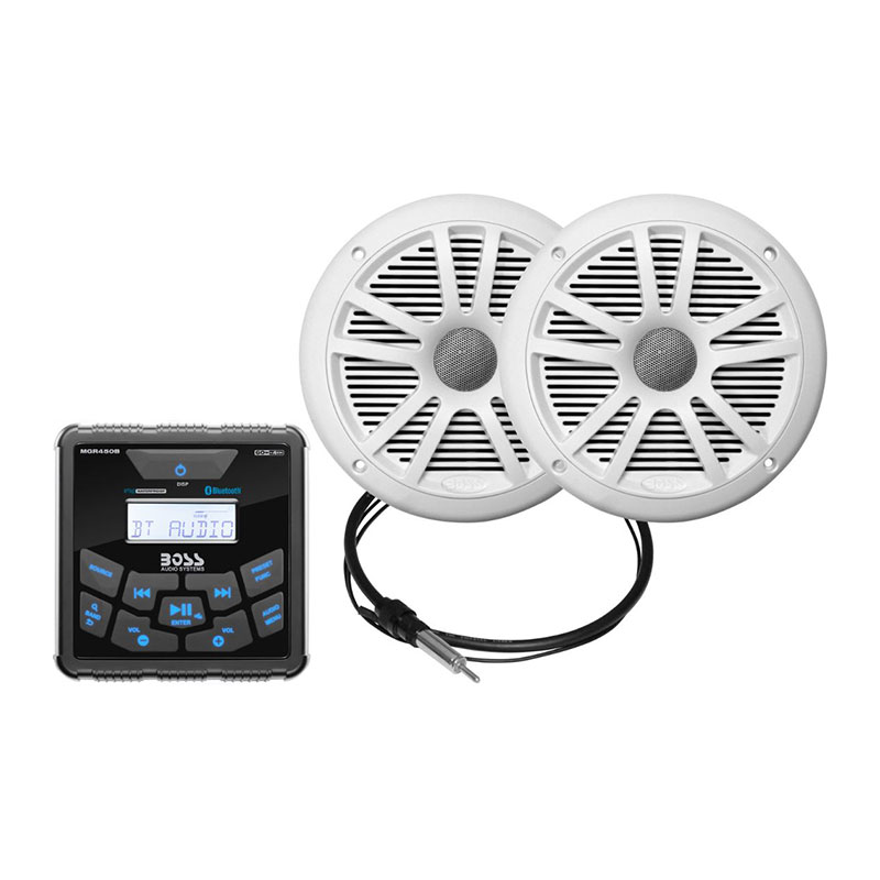 Boss Marine 2 Speaker Marine Stereo Package with Gauge Style Receiver