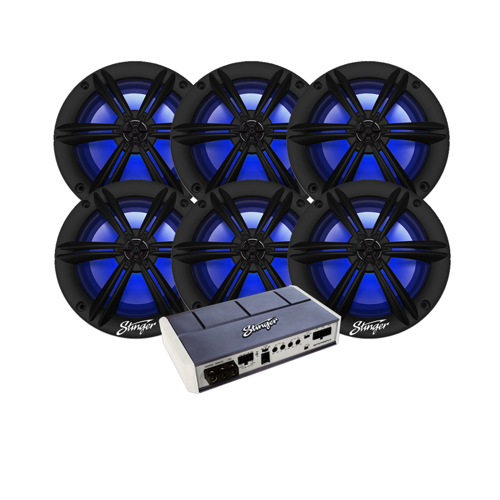 Stinger Marine Black 6.5" w/ LEDs 6 Speaker Stereo Package Marine Stereo